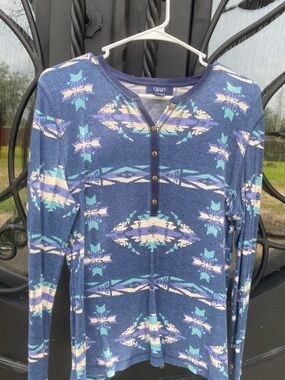 Chaps vintage XL Navy Teal Cream Aztec Henley Long Sleeve Top